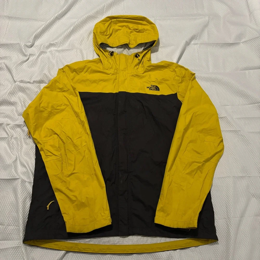The North Face HyVent Rain Jacket Mens XL Yellow Black Colorblock Vintage Hooded